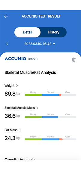 Výsledky ACCUNIQ BC720: analýza kosterního svalstva a tuku, hmotnost 89,8 kg, kosterní svalstvo 36,6 kg a tuk 24,3 kg.