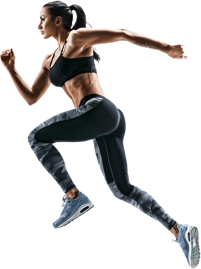 Pohyb během tréninku s atletkou v černém sportovním oblečení a modrých běžeckých botách, v souladu s Seeingyour bodybetter a BC380.